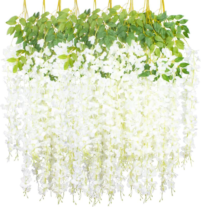 Photo 1 of 12 Pack Artificial Flowers Silk Wisteria Vine Ratta Hanging Flower (White)