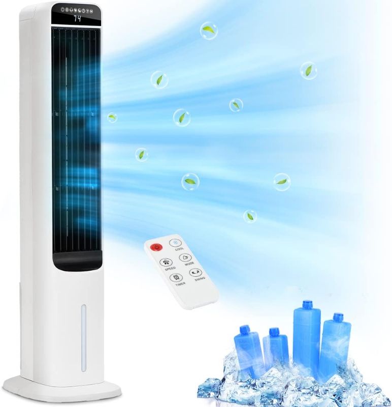 Photo 1 of Swamp Cooler, Evaporative Air Cooler With 4 Ice Packs and Remote, 80° Oscillation 3 Speeds 3 Modes, 41" Tower Fans that Blow Cold Air, Bladeless Fan for Bedroom Home Office