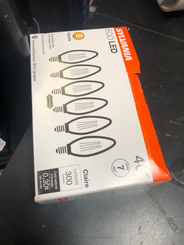 Photo 1 of SYLVANIA ECO LED B10 Light Bulb, 40W=2.5W, 7 Year, 300 Lumens, Non-Dimmable, Clear, 2700K, Soft White - 6 Pack (40878)