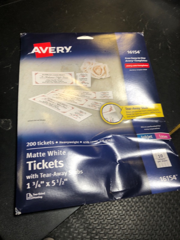 Photo 1 of Avery Printable Tickets with Tear-Away Stubs, 1.75" x 5.5", Matte White, 200 Blank Tickets for Laser and Inkjet Printers (16154)