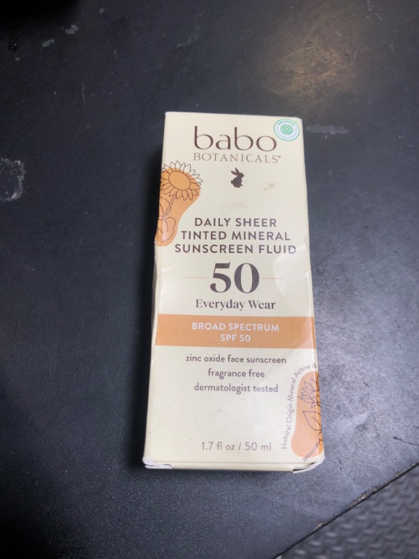 Photo 1 of Babo Botanicals Daily Sheer Tinted Mineral Sunscreen Fluid SPF50 - Natural Zinc Oxide - Passion Fruit Oil - Golden-Hued Tint - Fragrance Free - Ultra-Lightweight - For Face - For all ages
