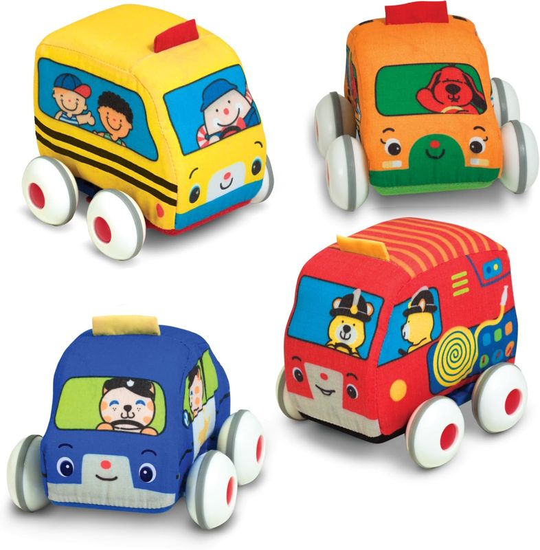 Photo 1 of Melissa & Doug K's Kids Pull-Back Vehicle Set - Soft Baby Toy Set With 4 Cars and Trucks, Soft Vehicles Toys For Babies And Toddlers