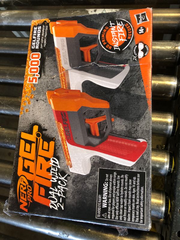 Photo 1 of Nerf Pro Gelfire Dual Wield Pack, 2 Blasters, No-Prime Firing, 5000 Gelfire Rounds, 2X 100 Round Integrated Hoppers, 2 Eyewear, Ages 14 & Up