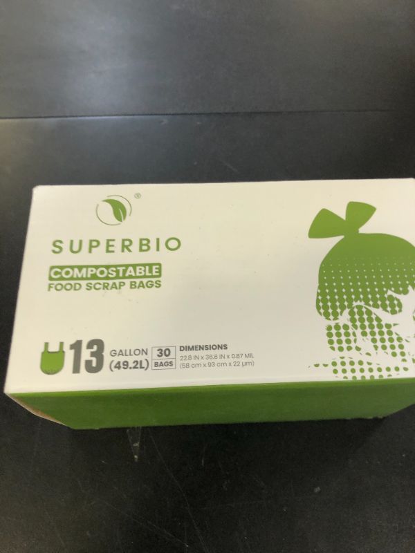 Photo 1 of SUPERBIO 13 Gallon Compostable Kitchen Waste Bags with Handles, Food Scrap Bags Certified by BPI, OK compost INDUSTRIAL, 30 Count, 49.2L