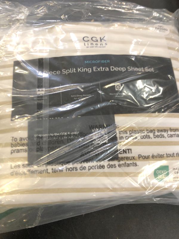 Photo 1 of Extra Deep Split King Sheet Set - 7 Piece Breathable & Cooling Sheets - Hotel Luxury Bedding Set 18-24 Inch Extra Deep Pockets - Easy Fit, Soft, Wrinkle Free & Comfy - Beige Stripes, Split King Size