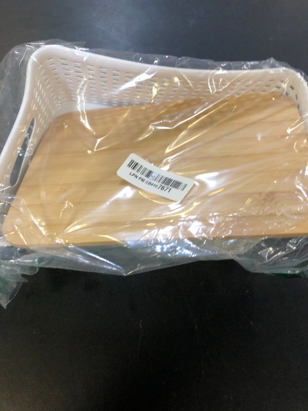 Photo 1 of Plastic Storage Baskets With Bamboo Lid - Plastic Storage Containers Stackable Storage bins: Storage Baskets for Organizing Shelves Drawers Desktop Closet Playroom Classroom Office, 6 Pack