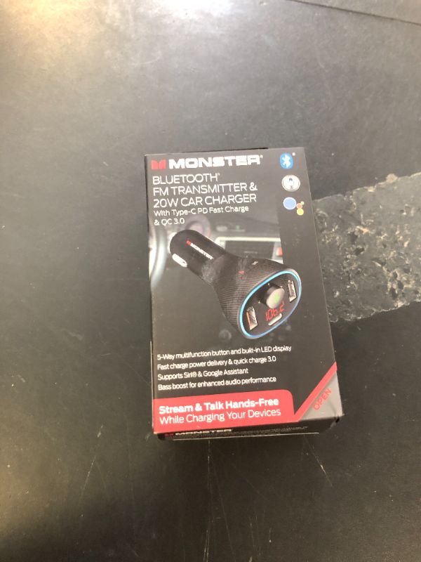 Photo 1 of Monster Bluetooth FM Transmitter for Car Cigarette Lighter with 20W QC3.0 USB A & USB C PD Charger, Bass Boost Button, Flash Drive Port, Google Voice & Siri Compatible, Hands-Free Calls, Microphone