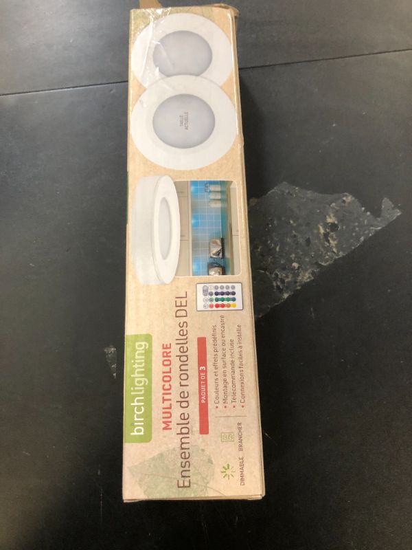 Photo 1 of Birch Lighting Under Cabinet LED Puck Lighting Kit with 3 RGB Multicolor LED Puck Lights, Remote, On/Off Switch & Plug in 333310