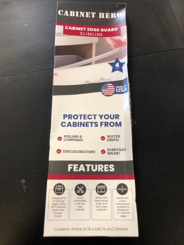 Photo 1 of Cabinet Hero Slimline Cabinet Edge Protector - Prevents Chipping, Wear, Discoloration - Drawer Edge Guard, Bumper for Drawer - Easy Slip-On Installation - 3/4" Thick, 18" Length, Clear, Pack of 4