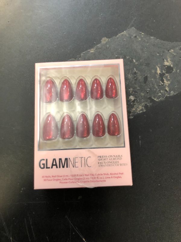 Photo 1 of Glamnetic Press On Nails - Ruby Slipper | Deep Red Sparkly Short Almond Fake Nails with a Velvet Finish, Reusable | 15 Sizes - 30 Nail Kit with Glue