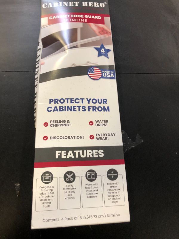 Photo 1 of Cabinet Hero Slimline Cabinet Edge Protector - Prevents Chipping, Wear, Discoloration - Drawer Edge Guard, Bumper for Drawer - Easy Slip-On Installation - 3/4" Thick, 18" Length, Clear, Pack of 4