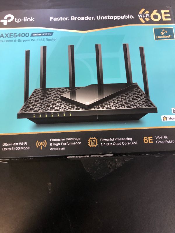 Photo 1 of TP-Link AXE5400 Tri-Band WiFi 6E Router (Archer AXE75)- Gigabit Wireless Internet Router, ax Router for Gaming, VPN Router, OneMesh, WPA3, Black