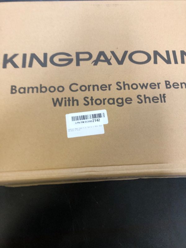 Photo 1 of KingPavonini Bamboo Corner Shower Stool for Shaving Legs Foot Rest, Waterproof Bath Bench Seat with Storage Shelf for Bathroom Inside Shower, Hold Up to 450Lbs
