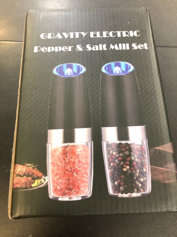 Photo 1 of Sweet Alice Gravity Electric Pepper and Salt Grinder Set, Adjustable Coarseness, Battery Powered with LED Light, One Hand Automatic Operation, Stainless Steel Black, 2 Pack