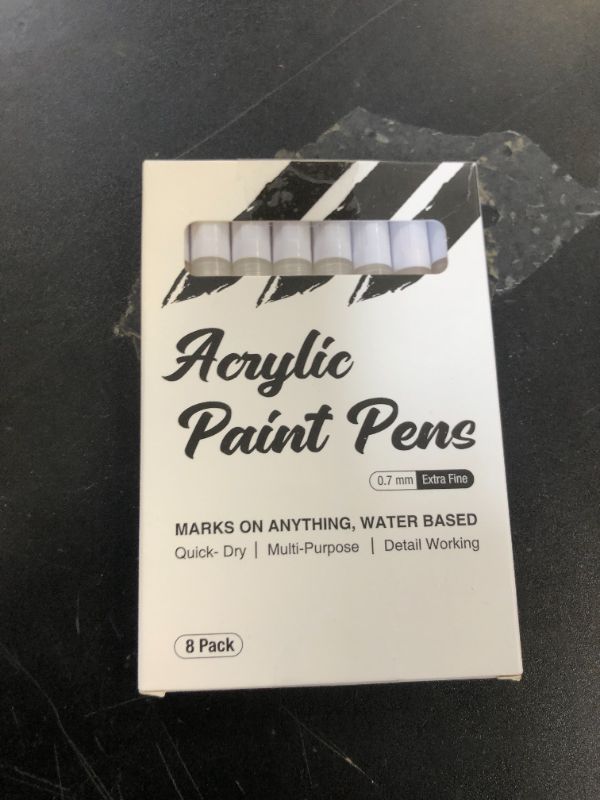 Photo 1 of AKARUED White Paint Pen Acrylic Marker: 8 Pack 0.7mm White Paint Marker for Black Paper, Metal, Wood, Plastic, Ceramic, Metallic, Rock Painting, Drawing, Extra Fine Point, Ideal for Artist & Students