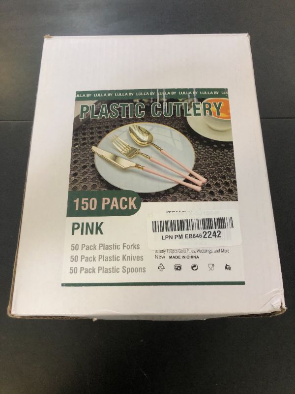 Photo 1 of Lullaby 150pcs Gold Plastic Silverware, High End Disposable Cutlery with Pink Handle Include 50 Forks, 50 Spoons, 50 Knives, Perfect for Birthdays, Parties, Weddings, and More