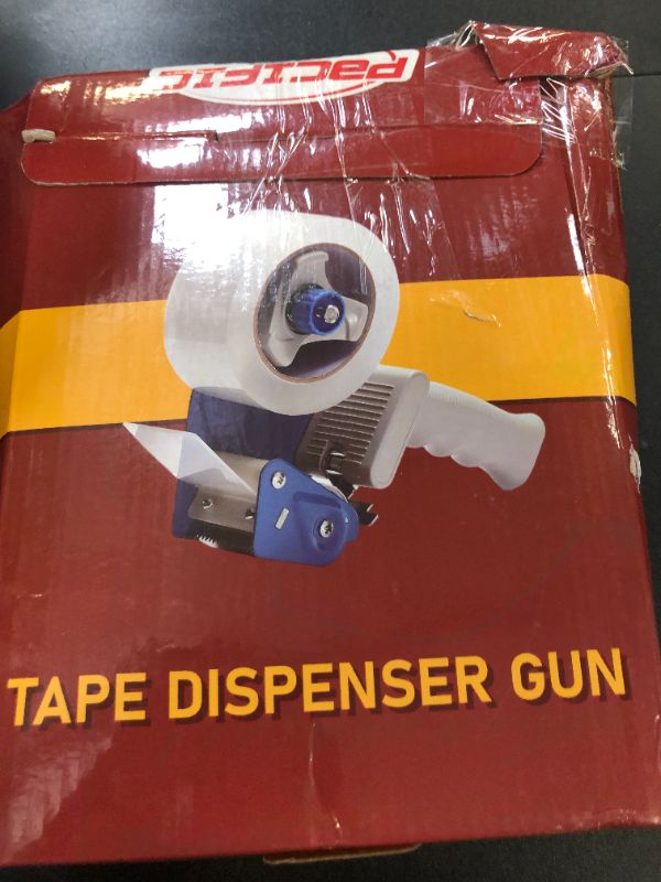 Photo 1 of Pacific Mailer 2 Inch Tape Gun Dispenser with 2 Inch Carton Packing Tape, Lightweight Industrial Side Loading Tape Dispenser - Blue