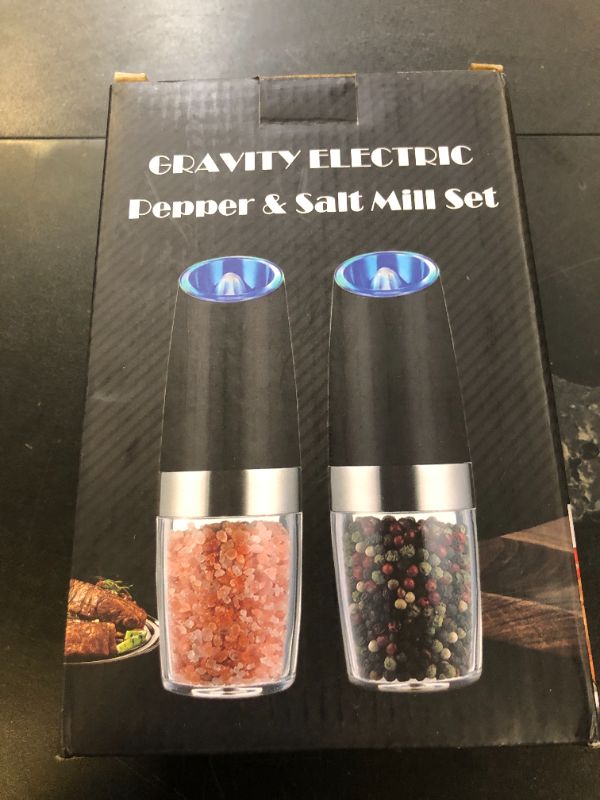 Photo 1 of Sweet Alice Gravity Electric Pepper and Salt Grinder Set, Adjustable Coarseness, Battery Powered with LED Light, One Hand Automatic Operation, Stainless Steel Black, 2 Pack