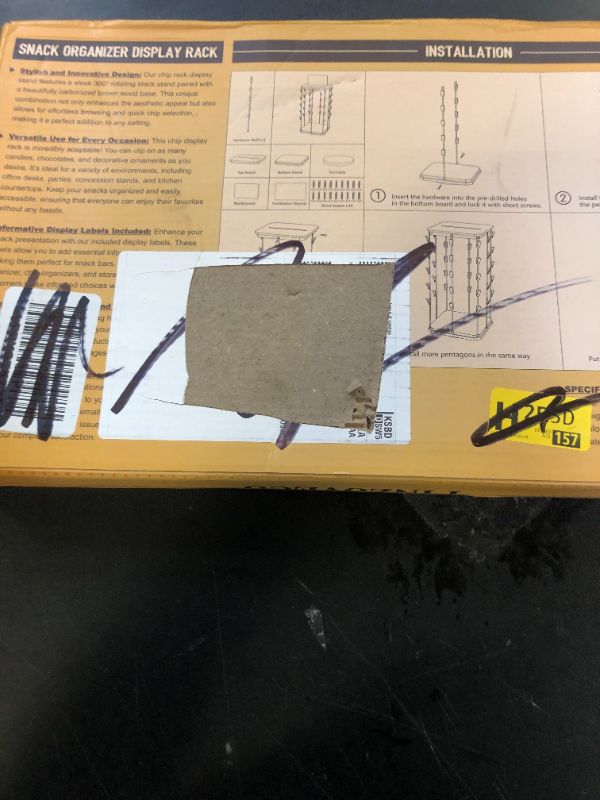 Photo 1 of Pinzoveco Chip Rack Display Stand, 5 Tiers 40 Clips Snack Organizer for Office Desk, 360° Rotating Wooden Base Chip Holder Candy Display for Concession Stand, Countertop, Party, With Message Board