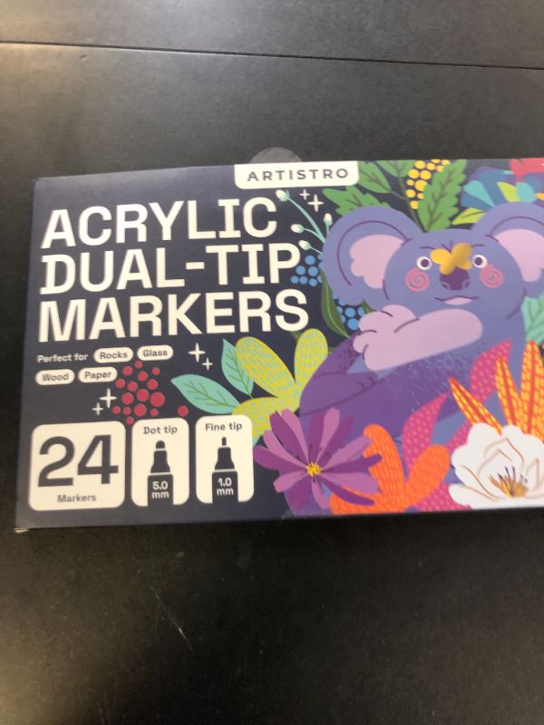 Photo 1 of ARTISTRO 24 Dual Tip Acrylic Paint Markers, Acrylic Paint Pens, Fabric Markers for Textile, Rock, Glass, Wood, Paper, Ceramic, Canvas DIY Art Supplies Kit for Kids and Adults (Dual Tip Dot + Fine, 24)