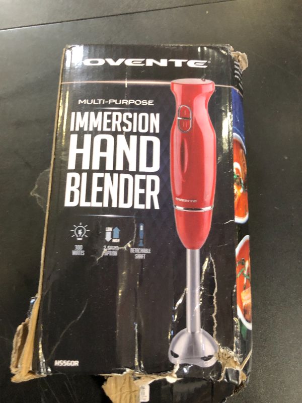 Photo 1 of OVENTE Immersion Hand Blender, 300W Electric Handheld Portable Stick Mixer with 2 Mixing Speed and Stainless Steel Blades for Effortless Blending Smoothies, Shakes, Puree or Baby Food, Red HS560R