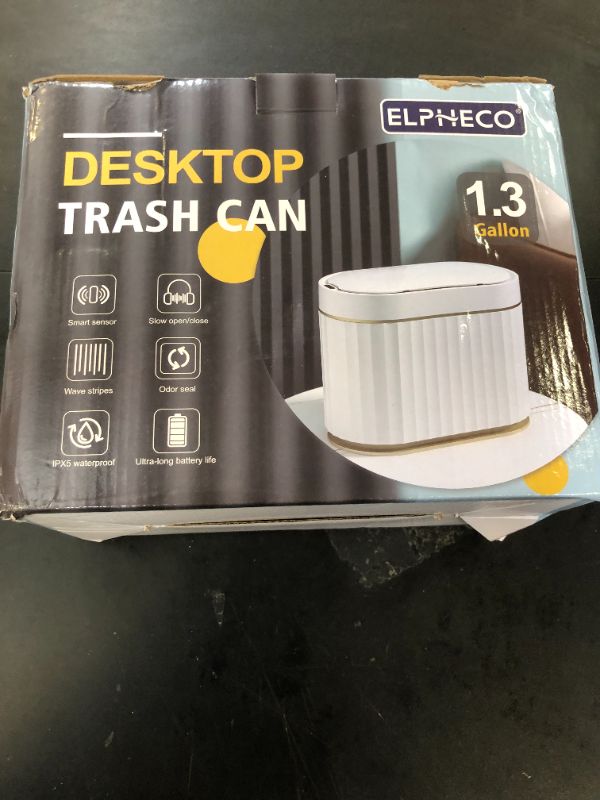 Photo 1 of ELPHECO 5 litres Mini Desktop Trash Can with Lid, 1.3 Gallon Motion Sensor Waterproof Countertop Trash Can, Small Plastic Garbage Bin for Desk, Bedroom, Golden
