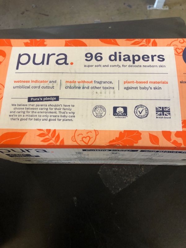 Photo 1 of Pura Hypoallergenic Diapers, Size 1 (4-11lbs), Newborn, Totally Chlorine Free, Wetness Indicator, Suitable for Sensitive Skin, Soft Organic Cotton Comfort, Overnight, 3 Packs of 32 (96 Baby Diapers)