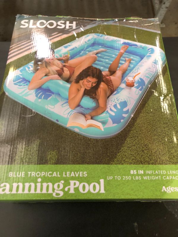 Photo 1 of SLOOSH Inflatable Tanning Pool Lounger Float, 85" x 57" Extra Large Pool Floats Adult with Pillow, 4 in 1 Suntan Tub Raft Floatie,Sunbathing Bed Lounge for Water Blow Up Ball Pit Party Gifts, XL-Blue