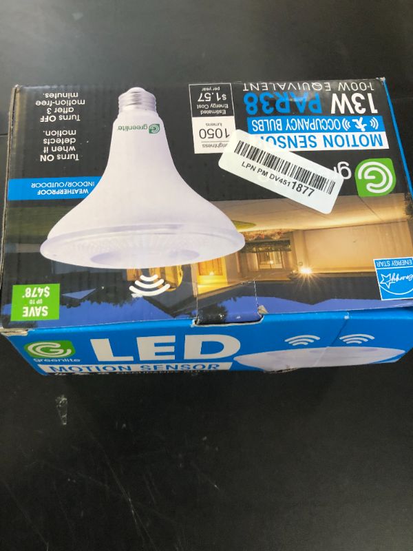 Photo 1 of LED PAR38 13W Motion Sensor Flood Light Bulb, 3000K Soft White, 100W Equivalent, 1050 Lumens, Indoor/ Outdoor, E26 Medium Base, Energy Star, 120V