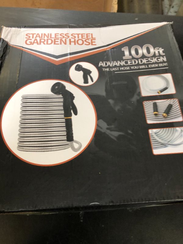 Photo 1 of Garden Hose Metal 100FT, Stainless Steel Heavy Duty Water Hose With 10 Function Nozzle, No-Kink, Tough & Flexible, Sturdy and Lightweight, Rust Proof for Yard, Outdoor, RV