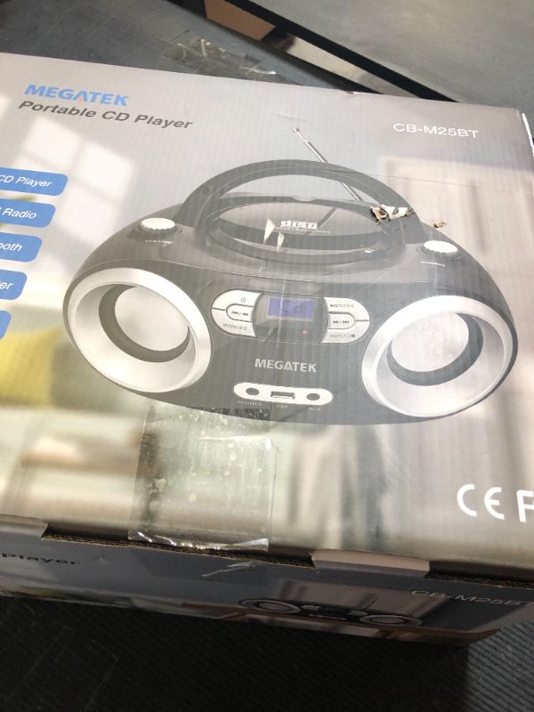 Photo 1 of MEGATEK Portable CD Boombox with FM Stereo Radio, Bluetooth, USB Port, and Backlit LCD Display | CD-R/CD-RW/MP3-CD Compatible | AUX Input | Headphone Jack | Programmable CD Player - Black