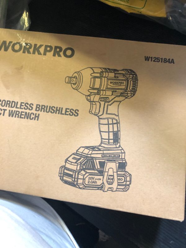 Photo 1 of WORKPRO 20V Cordless Impact Wrench 1/2 in, Brushless Impact Gun with Battery and Charger, High Torque 370 ft-lbs (500N.m), LED Work Light and Belt Clip Included