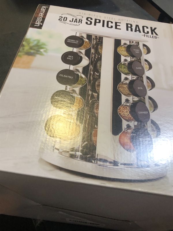 Photo 1 of Kamenstein 20 Jar Revolving Countertop Spice Rack with Spices Included, FREE Spice Refills for 5 Years, Polished Stainless Steel with Black Caps, 30020