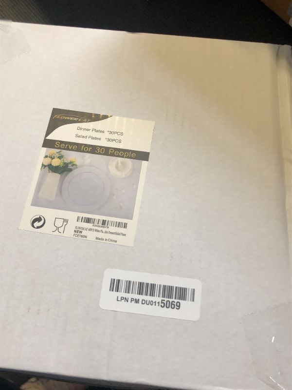 Photo 1 of FLOWERCAT 60PCS White Plastic Plates - Heavy Duty White Disposable Plates for Birthday Party/Wedding -serve for 30 guests Include 30PCS 10.25" Dinner Plates & 30PCS 7.5" Dessert Plates for Party