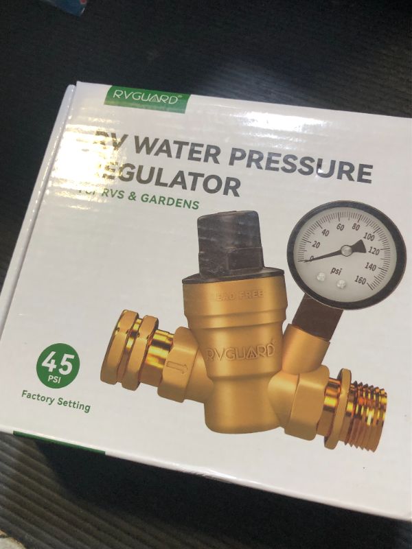 Photo 1 of RVGUARD RV Water Pressure Regulator Valve, Brass Lead-Free Adjustable Water Pressure Reducer with Gauge and Inlet Screen Filter for RV Camper Travel Trailer
