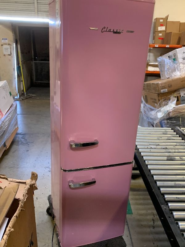 Photo 1 of Unique Appliances UGP-275L BP AC Classic Retro Refrigerator 9 cu./ft. Electric Bottom-Mount Fridge, Metal, Sliding Non-Reversible Doors, Ideal for Fresh and Frozen Foods, Bubblegum Pink
