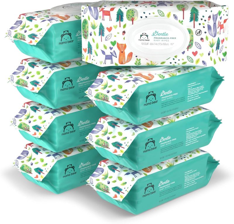 Photo 1 of Amazon Brand - Mama Bear Gentle Fragrance Free Baby Wipes, Hypoallergenic, Sensitive Skin, Unscented, 800 Count (8 Packs of 100)
