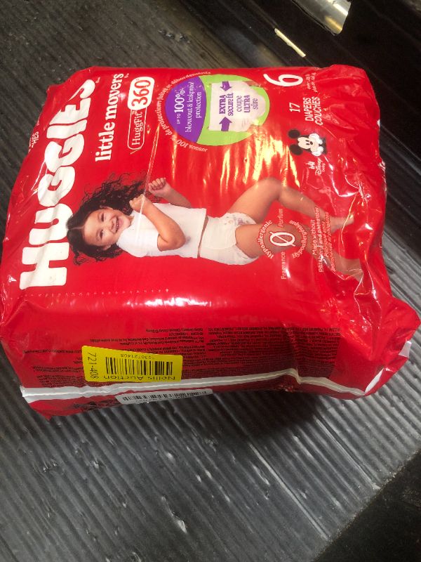 Photo 1 of Huggies Size 6 Baby Diapers, Little Movers HuggFit 360° Baby Diapers with 360° Waistband, Size 6 (35+ lbs), 17 Count, Packaging May Vary