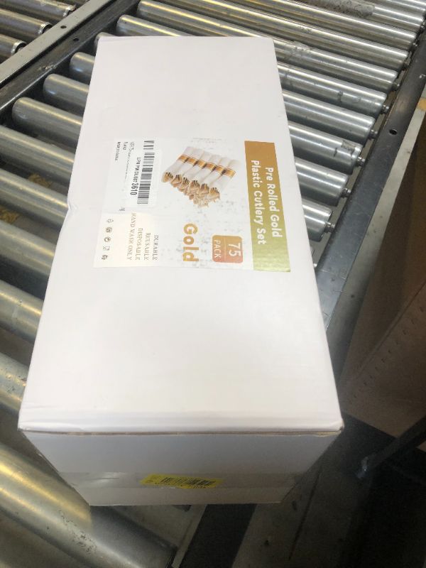 Photo 1 of N9R 75 Pack Pre Rolled Gold Plastic Cutlery Set, Wrapped Plastic Silverware Set with 75 Forks, 75 Knives, 75 Spoons and 75 Napkins, Disposable Cutlery Set for Party and Wedding