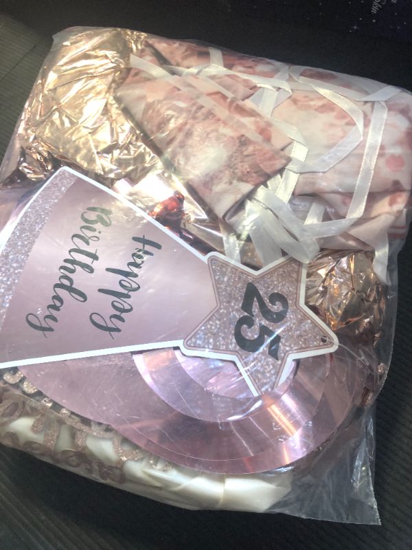 Photo 1 of Trgowaul 25th Birthday Decorations Balloon Set Girls Arch, Rose Gold 25th Birthday Banner and Party Tablecloth, Belt and Tiara, Pink Gold 25th Balloon, Pink Birthday Cake Top, Latex Balloon * 60