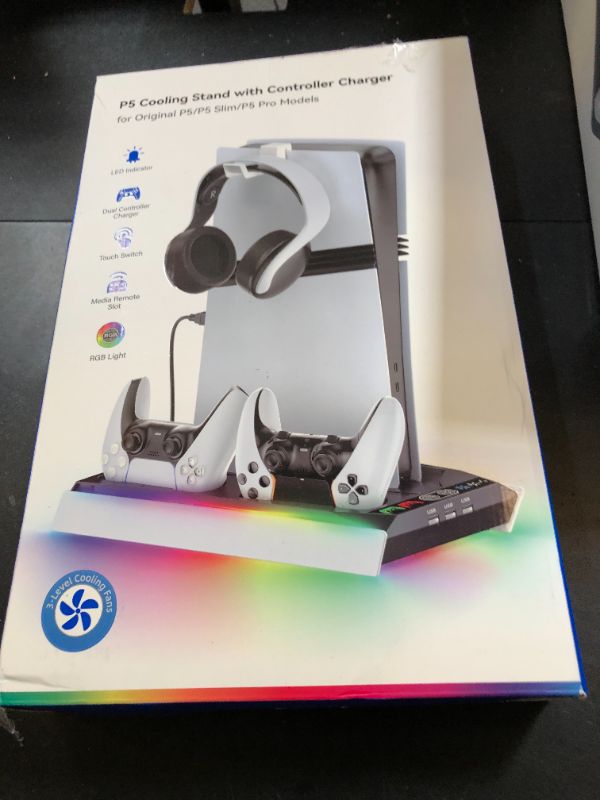 Photo 1 of Rysker PS5/Slim/Pro Stand for Disc & Digital Console, PS5 Cooling & Charging Station with RGB Ambient Lighting, PS5 Controller Charger Built-in 3 Level Fan, PS5/Slim/Pro Accessories Comes 3 USB Ports