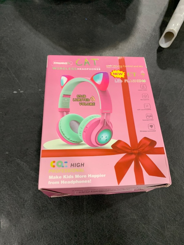 Photo 1 of Riwbox CT-7 Cat Ear Bluetooth Headphones, LED Light Up Bluetooth Wireless Over Ear Headphones with Microphone and Volume Control for Travel/School/Smartphones/Laptop/PC/TV (Pink&Green)