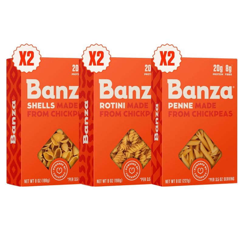 Photo 1 of Banza Gluten-Free Chickpea Pasta, Variety Pack 20g Protein | Lower Carb | High Fiber | High Protein | Plant Based Pasta | 8oz (Pack of 6) Best By 12/20/2025