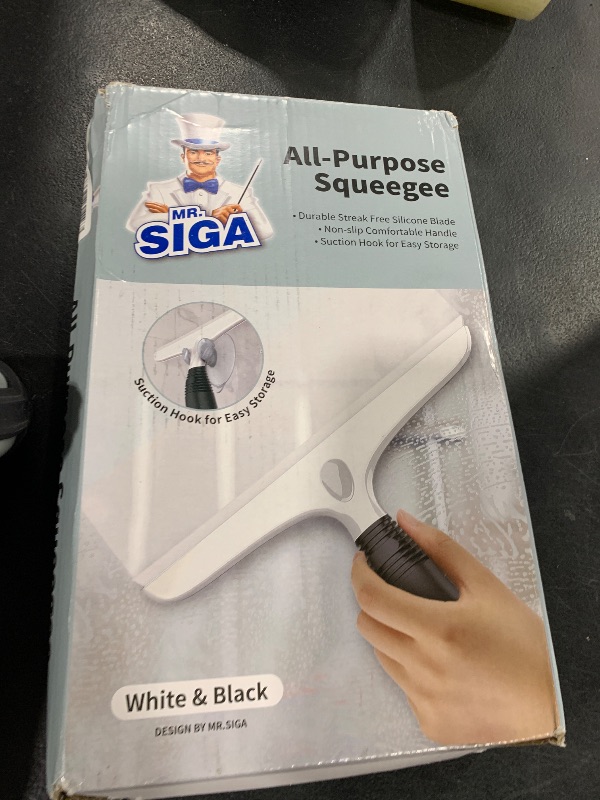 Photo 1 of MR.SIGA Multi-Purpose Silicon Squeegee for Window, Glass, Shower Door, Car Windshield, Heavy Duty Window Scrubber, Includes Suction Hook, 10 inch, White & Black, 1 Pack