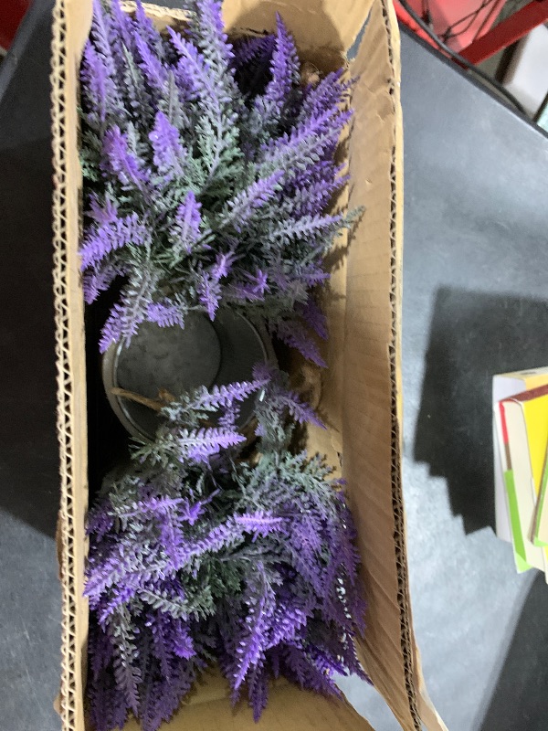 Photo 1 of Set of 3 Small Potted Plants Arrangement Artificial Lavender Flower Plants in Rustic Galvanized Metal Pots with Decorative Wood Tray for Farmhouse Table Centerpiece Windowsill Country Indoor Decor