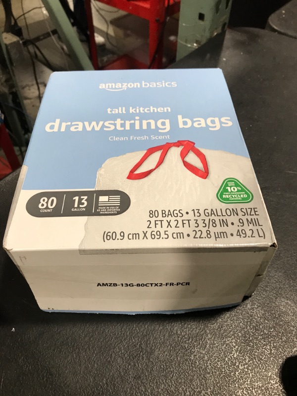 Photo 1 of Amazon Basics 13 Gallon Tall Kitchen Drawstring Trash Bags, Clean Fresh Scent, 10% Post Consumer Recycled, 80 count