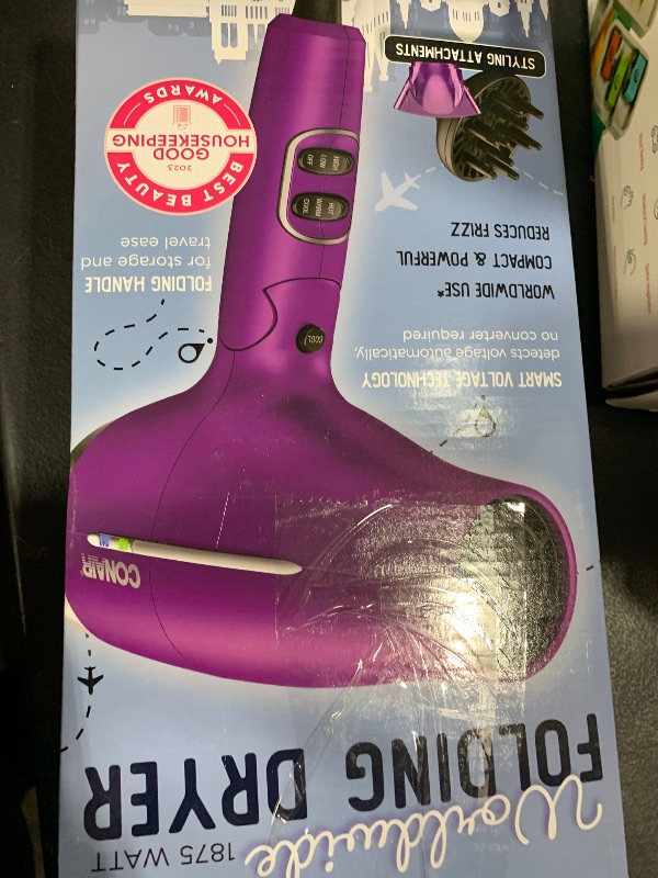 Photo 1 of Conair Hair Dryer, Worldwide Travel Hair Dryer with Smart Voltage Technology and Folding Handle, Includes Diffuser and Concentrator, Purple