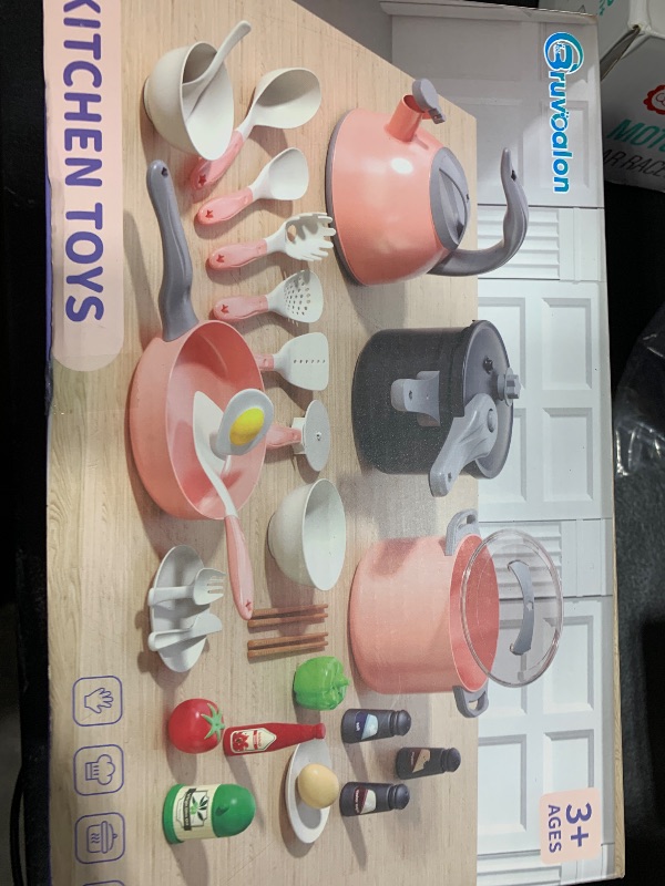 Photo 1 of Bruvoalon 32Pcs Kids Play Kitchen Toys Set, Toddlers Pretend Cooking Playset Acccessories with Pots Pans, Utensils Cookware, Foods, Canned Veges, Learning Gift for Kids Girls Boys (White)