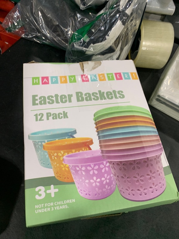 Photo 1 of 12 Pack Easter Baskets for Kids, 8.6" Plastic Easter Bags with Handles, Easter Bucket Bags Filled with Grass for Easter Egg Hunt, Perfect Theme Party Favors