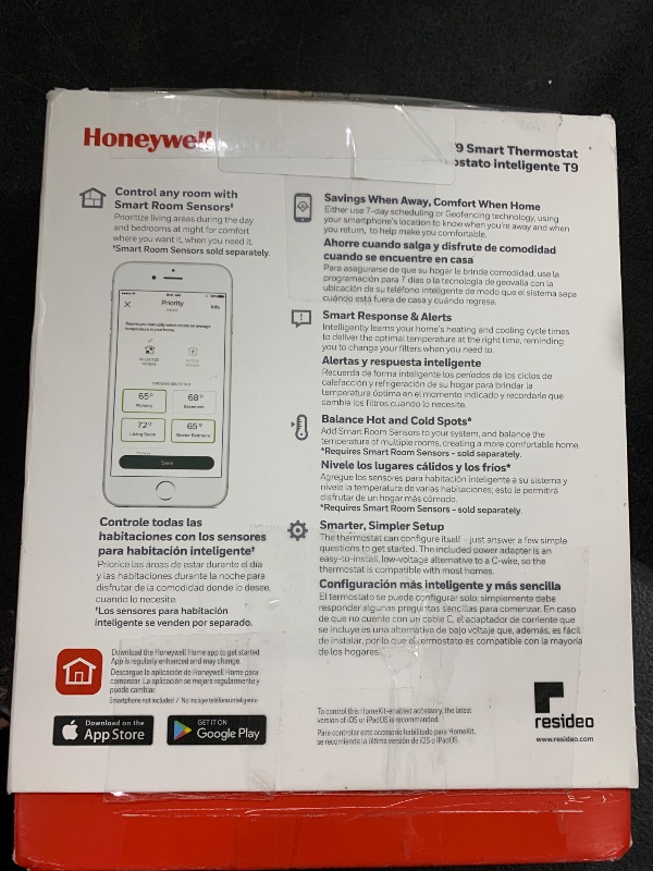 Photo 1 of Honeywell Home T9 WIFI Smart Thermostat, Smart Room Sensor Ready, Touchscreen Display, Alexa and Google Assist